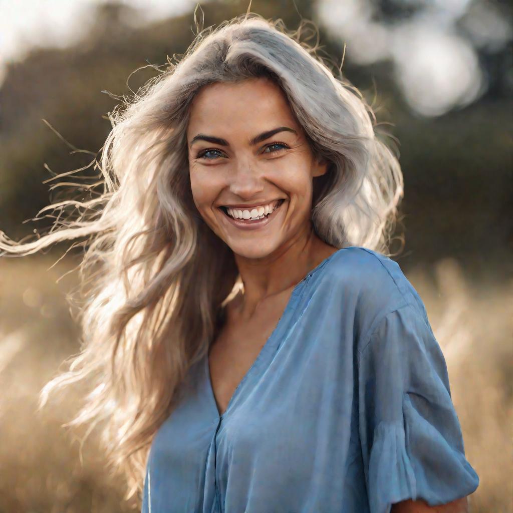 Женщина счастливо улыбается в камеру на фоне природы