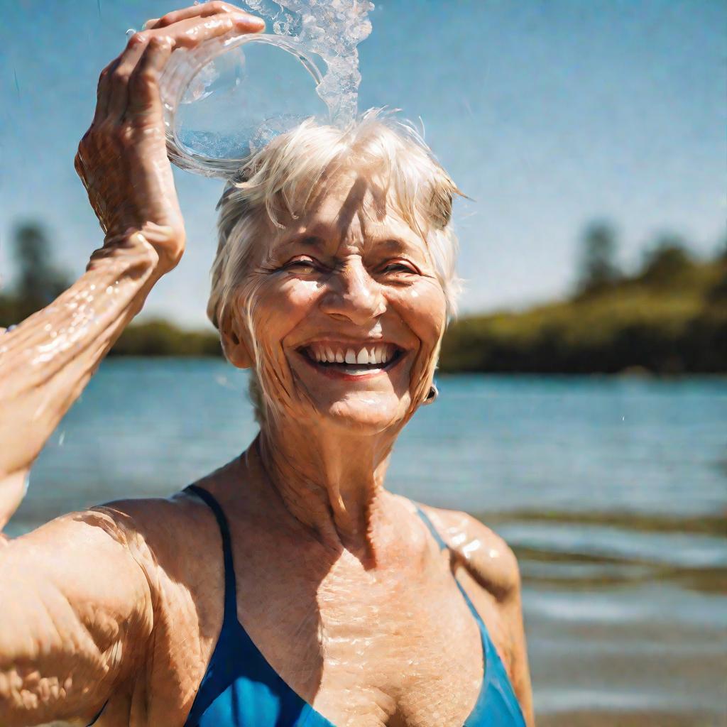 Портрет пожилой женщины на природе, стоящей по пояс в воде с мешком для обливания