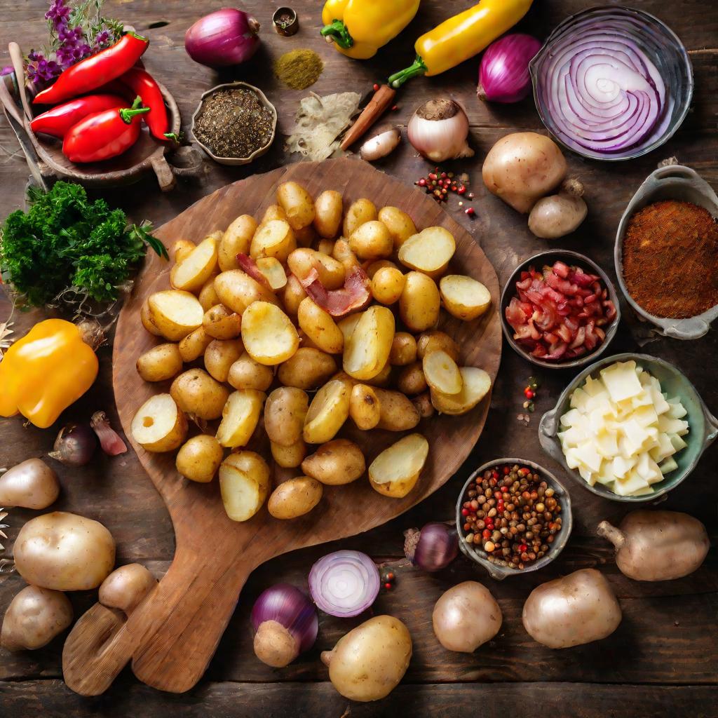 Ингредиенты для приготовления жареного картофеля с различными добавками на деревянном столе