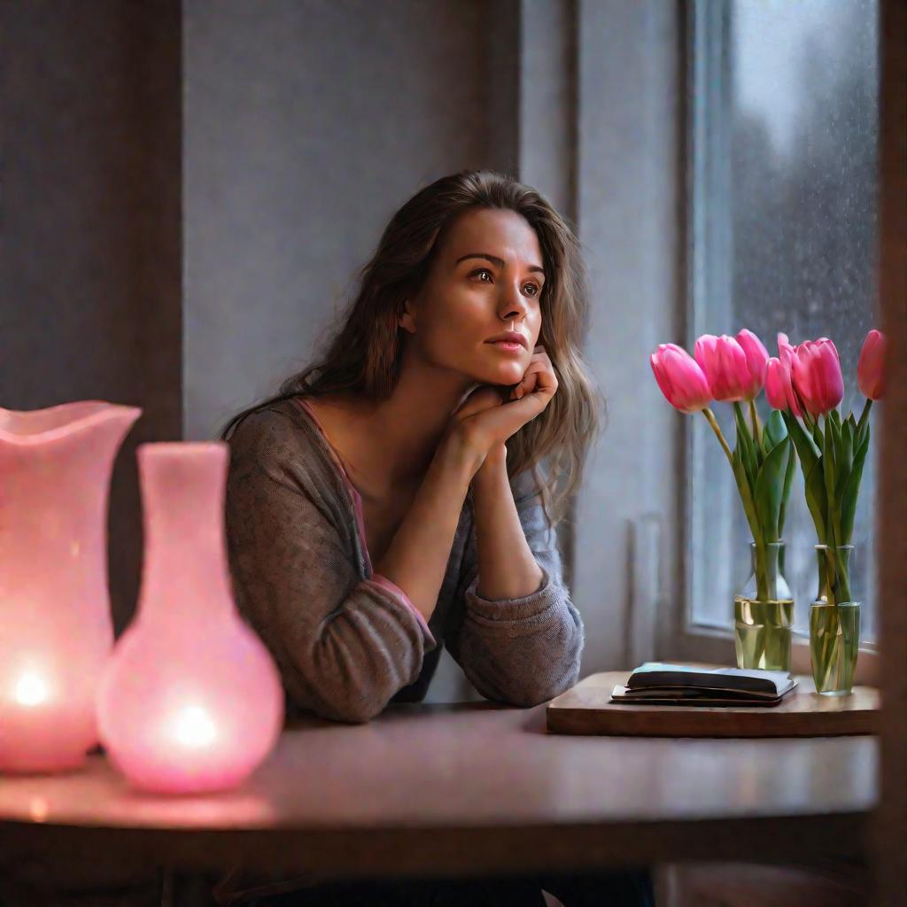 Женщина сидит задумчиво у окна в дождливый вечер, подперев подбородок рукой и глядя наружу с созерцательным выражением лица. Позади нее на столе стоит ваза с розовыми тюльпанами, освещенная теплым светом настольной лампы, который контрастирует с серой дож