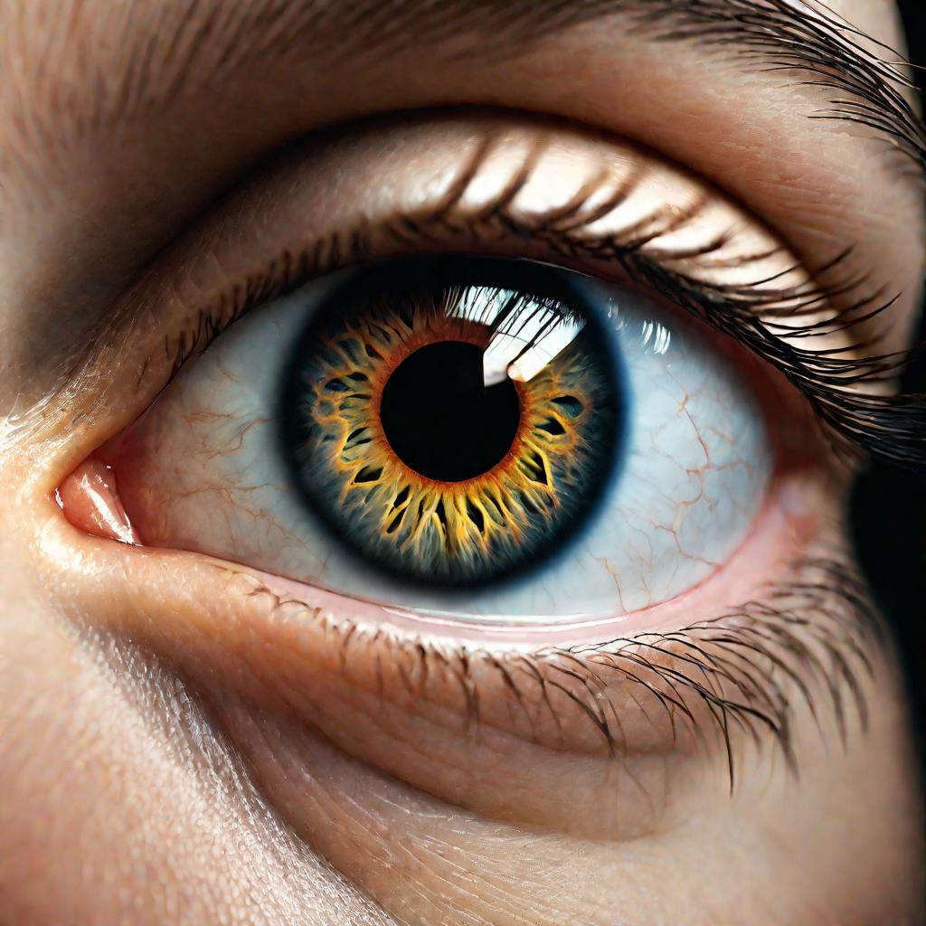 Крупный план глаза с сильно расширенным зрачком на черном фоне