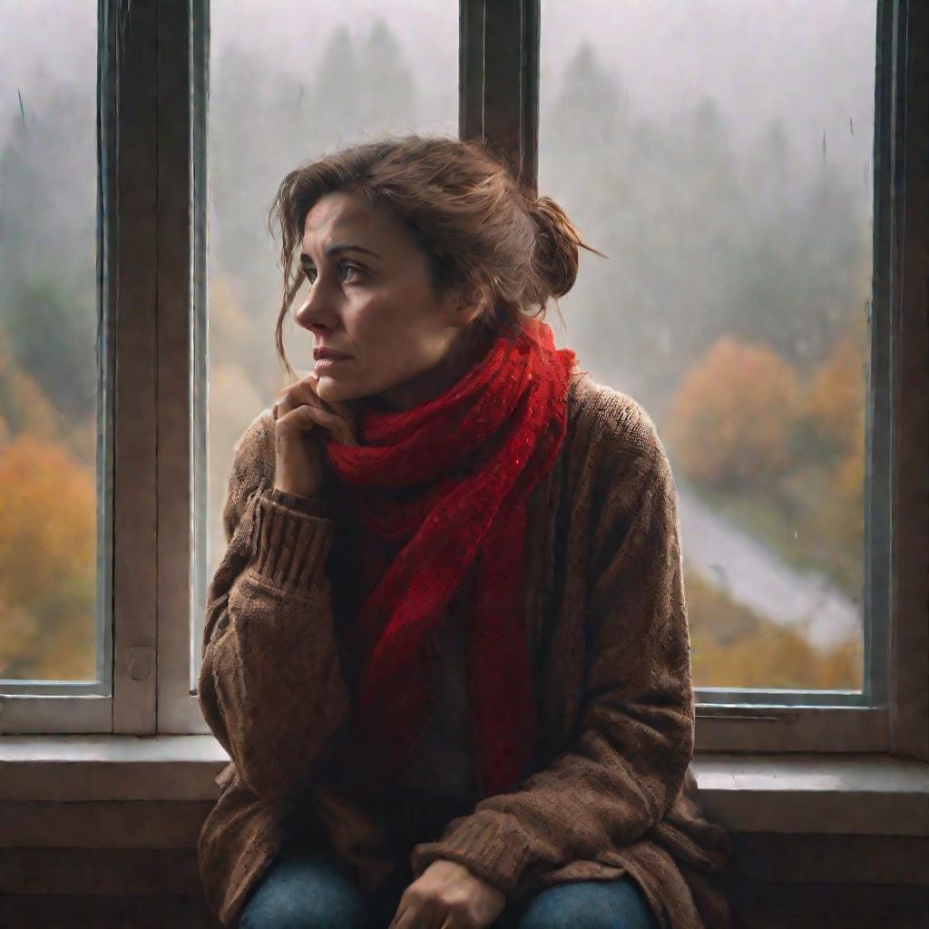 Печальная женщина, смотрящая в окно, в коричневом свитере и красном шарфе