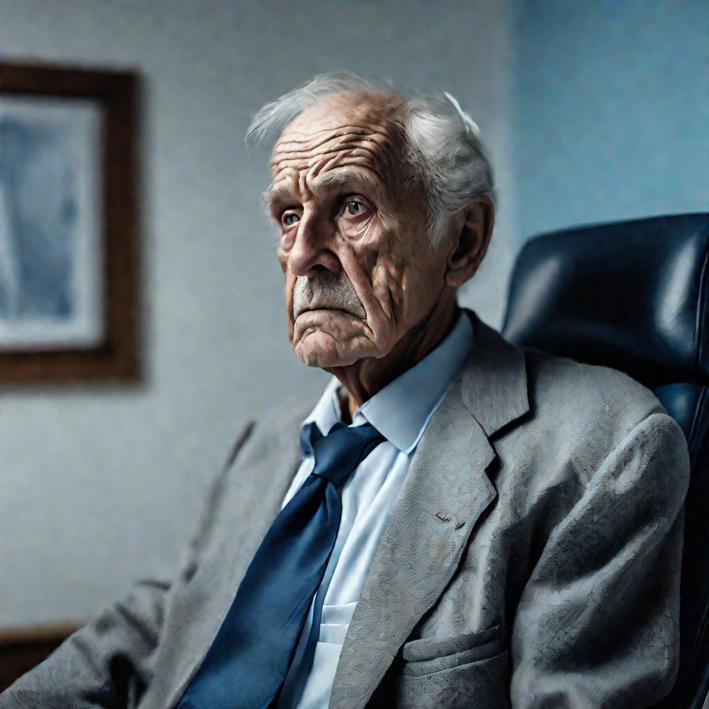 Портрет пожилого мужчины с отечностью лица и шеи в кабинете врача