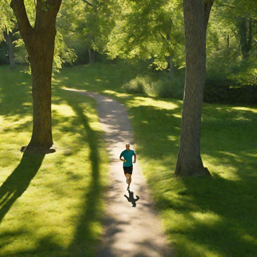 Вид сверху на 40-летнего мужчину, бегущего в яркий летний солнечный день по дорожке в зеленом парке с высокими деревьями. Свет пробивается сквозь густую листву. Настроение активное и тонизирующее.