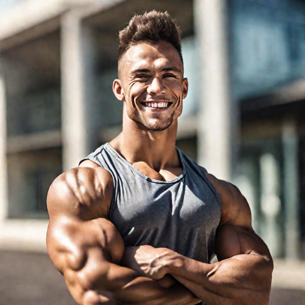 Молодой мускулистый мужчина с уверенной улыбкой после тренировки
