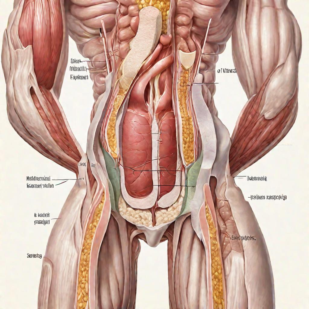 Медицинская иллюстрация анатомии пупочной грыжи сверху. Видны выступающие петли кишечника сквозь расширенное пупочное кольцо.