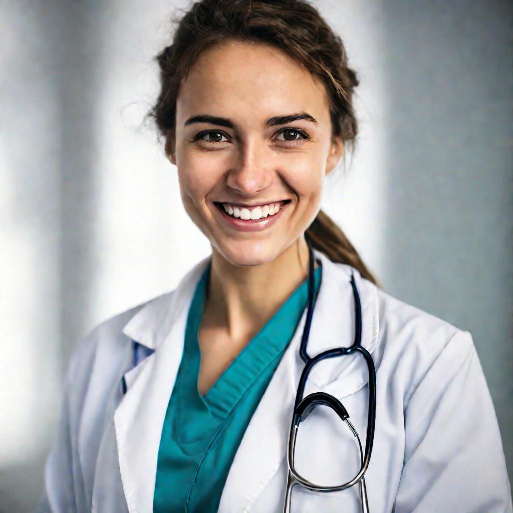 Крупный портрет улыбающейся молодой европейской женщины-врача в белом халате, стетоскопом на шее, смотрящей оптимистично на мягком студийном фоне с подсветкой