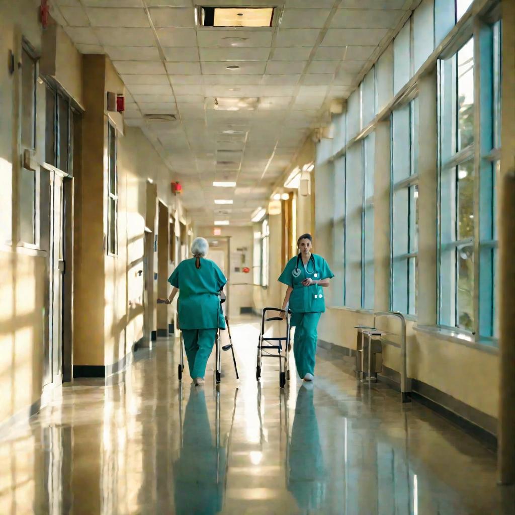 Больничный коридор с пациенткой, медленно идущей с тростью из-за боли в тазобедренном суставе.