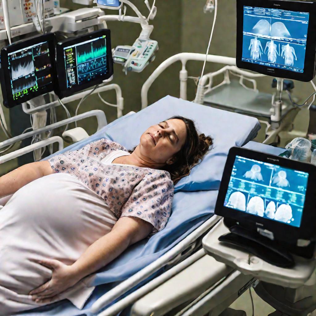 Беременная женщина лежит в больничной палате