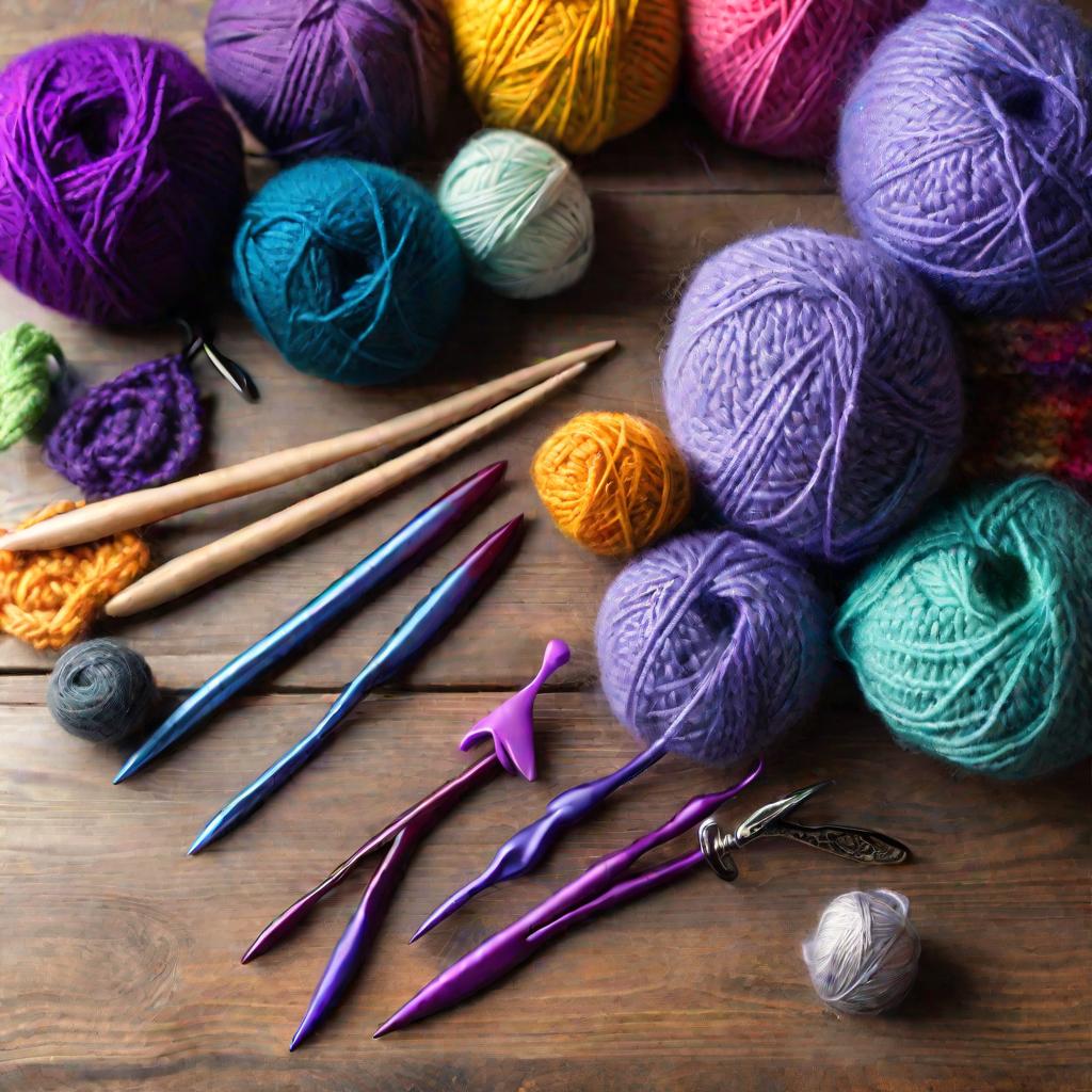 Вид сверху на разноцветные крючки для вязания, пряжу и драконов разных цветов, разложенных на деревянном столе в художественной мастерской в туманное утро