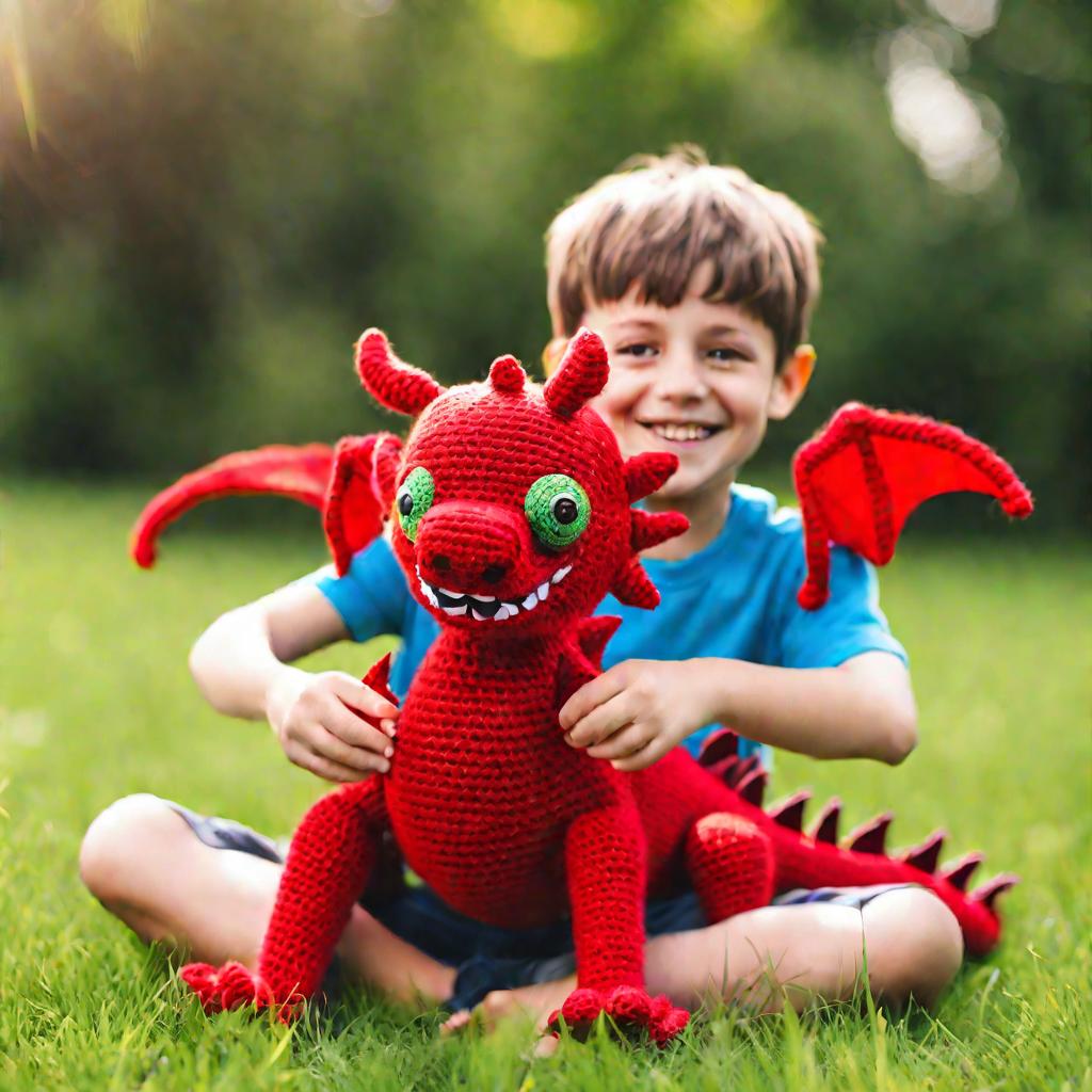 Мальчик с короткими каштановыми волосами держит большого красного вязаного дракона, широко улыбаясь. Он находится на улице на зеленой лужайке в солнечный летний день. Ярко-красный дракон имеет пуговичные глаза, кривые крылья и изогнутый хвост. Радость мал