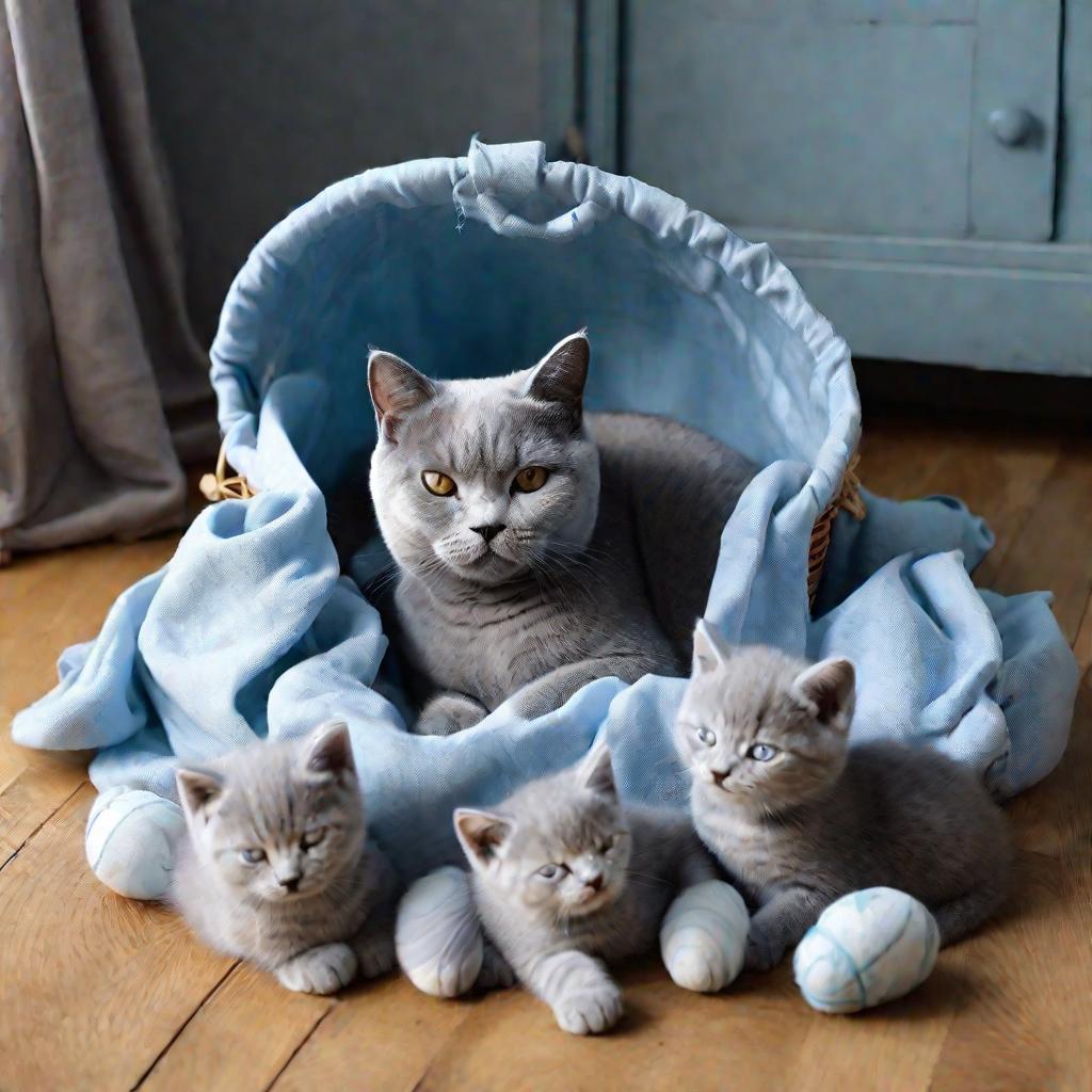 Серая кошка британской короткошерстной породы лежит, свернувшись, рядом со спящими новорожденными котятами в тканевой корзинке на паркетном полу. Холодное голубое освещение из окна создает успокаивающую атмосферу. Рядом разбросаны игрушки и миски.