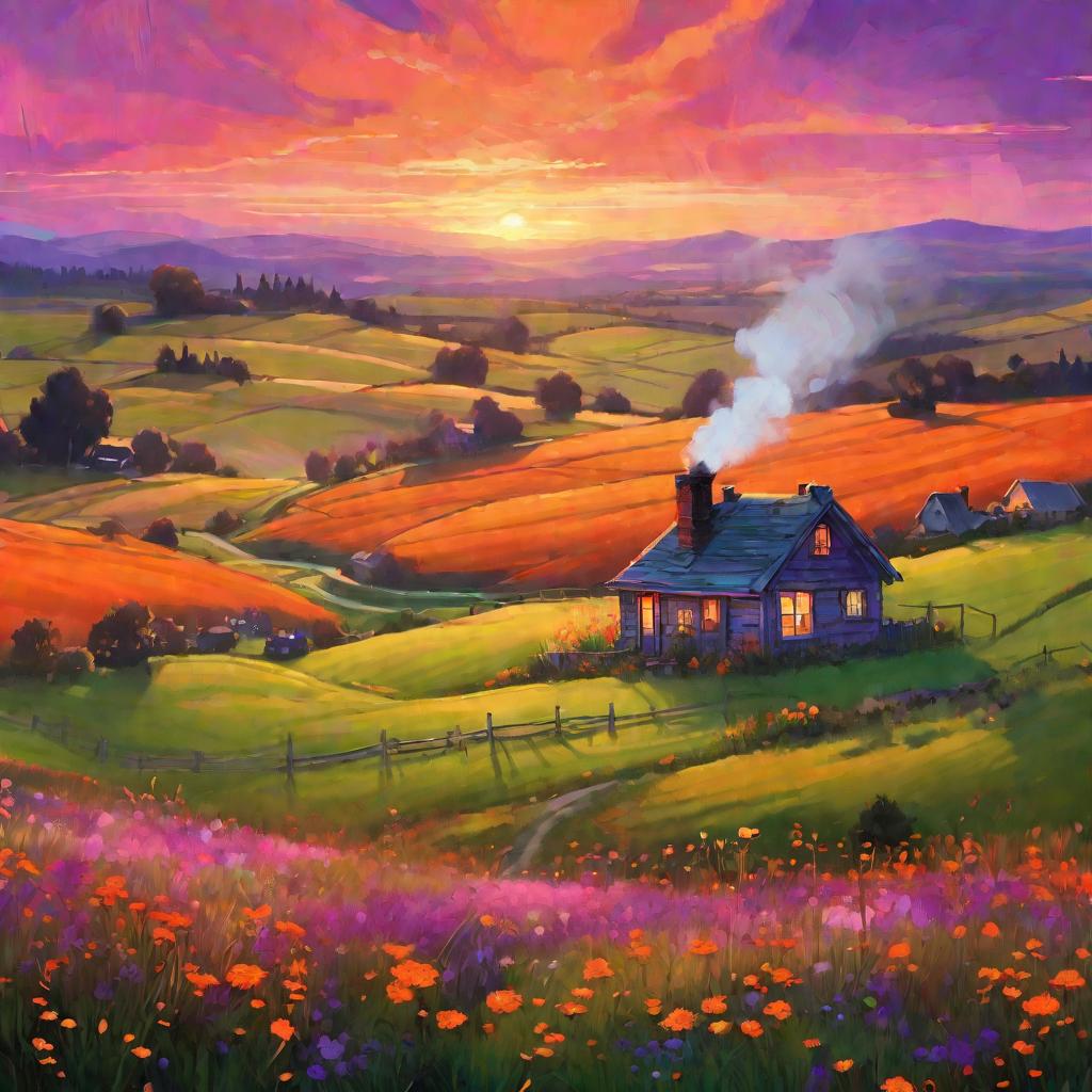 Пейзаж заката в поле с цветами и домиком