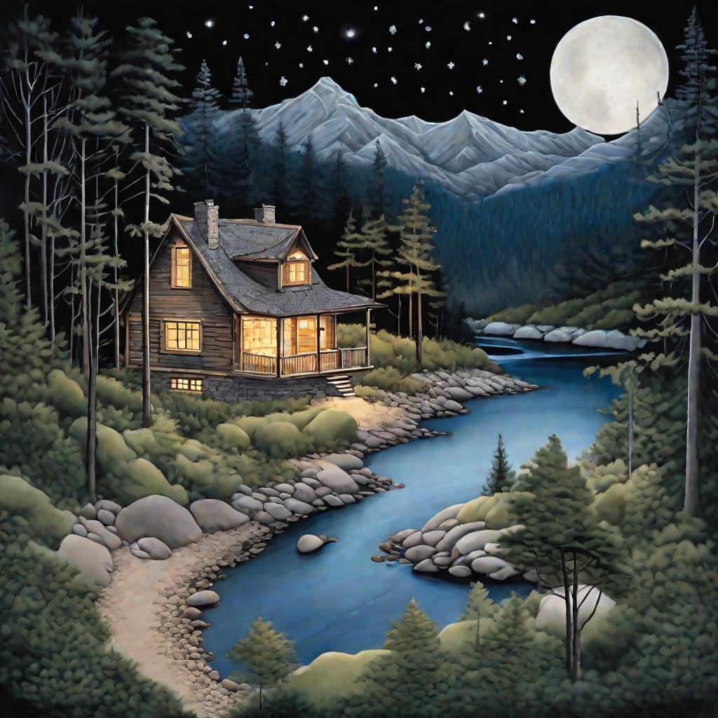Ночь, домик в лесу, река, звезды
