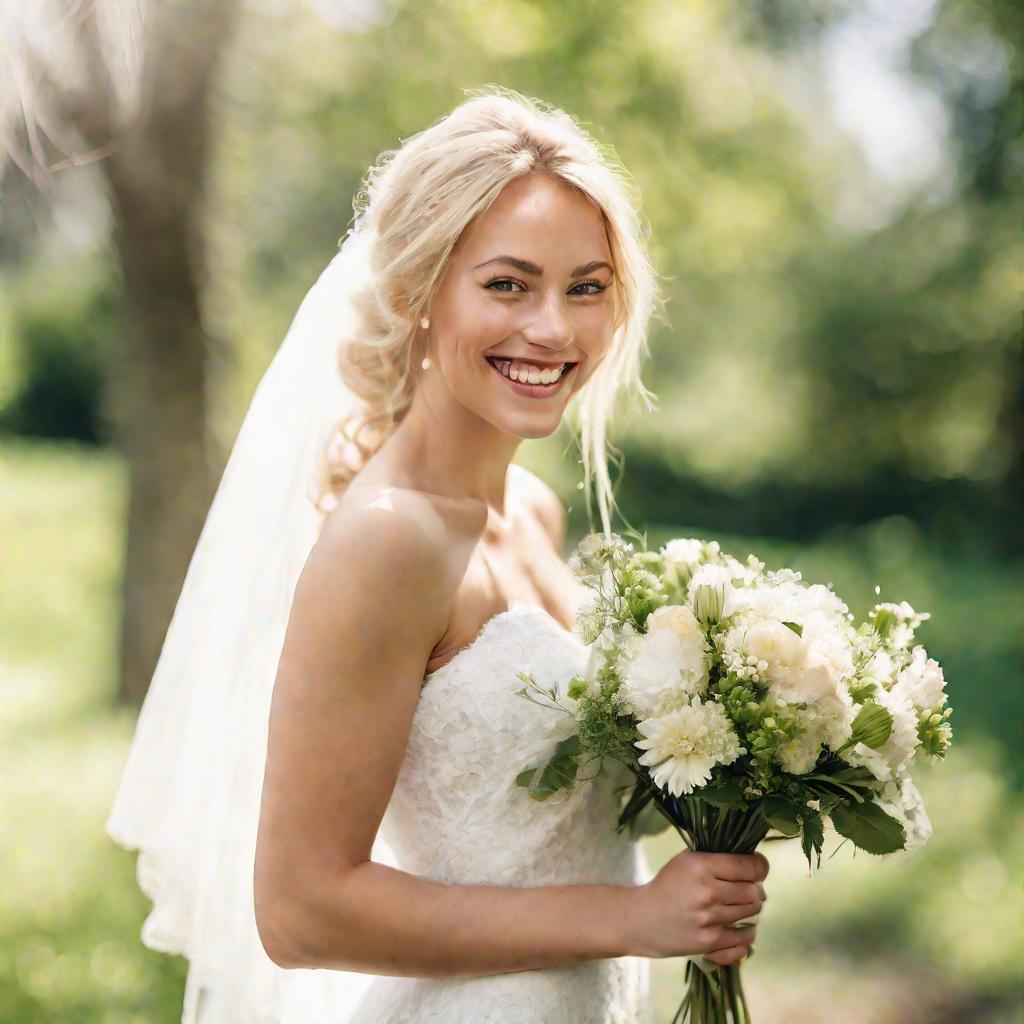 Портрет невесты с букетом цветов на солнечном весеннем фоне