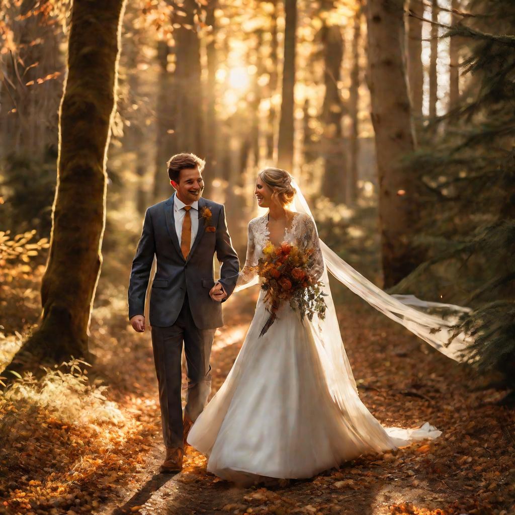 Невеста и жених идут по лесу в золотые часы осеннего вечера