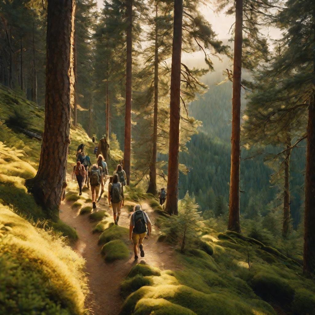 Группа туристов идет по лесу с рюкзаками