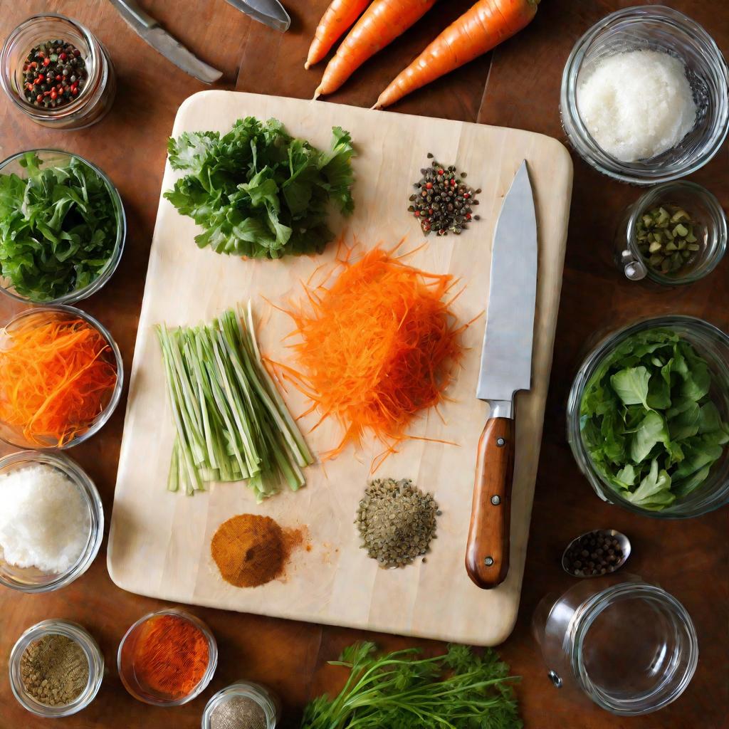 Вид сверху на доску для нарезки с морковью, ножом, теркой, специями и миской, готовыми для приготовления моркови по-корейски. Терка и нож блестят, как только что вымытые. Морковь целиком в кожуре с зеленью. Специи в маленьких стеклянных баночках. Сбоку па