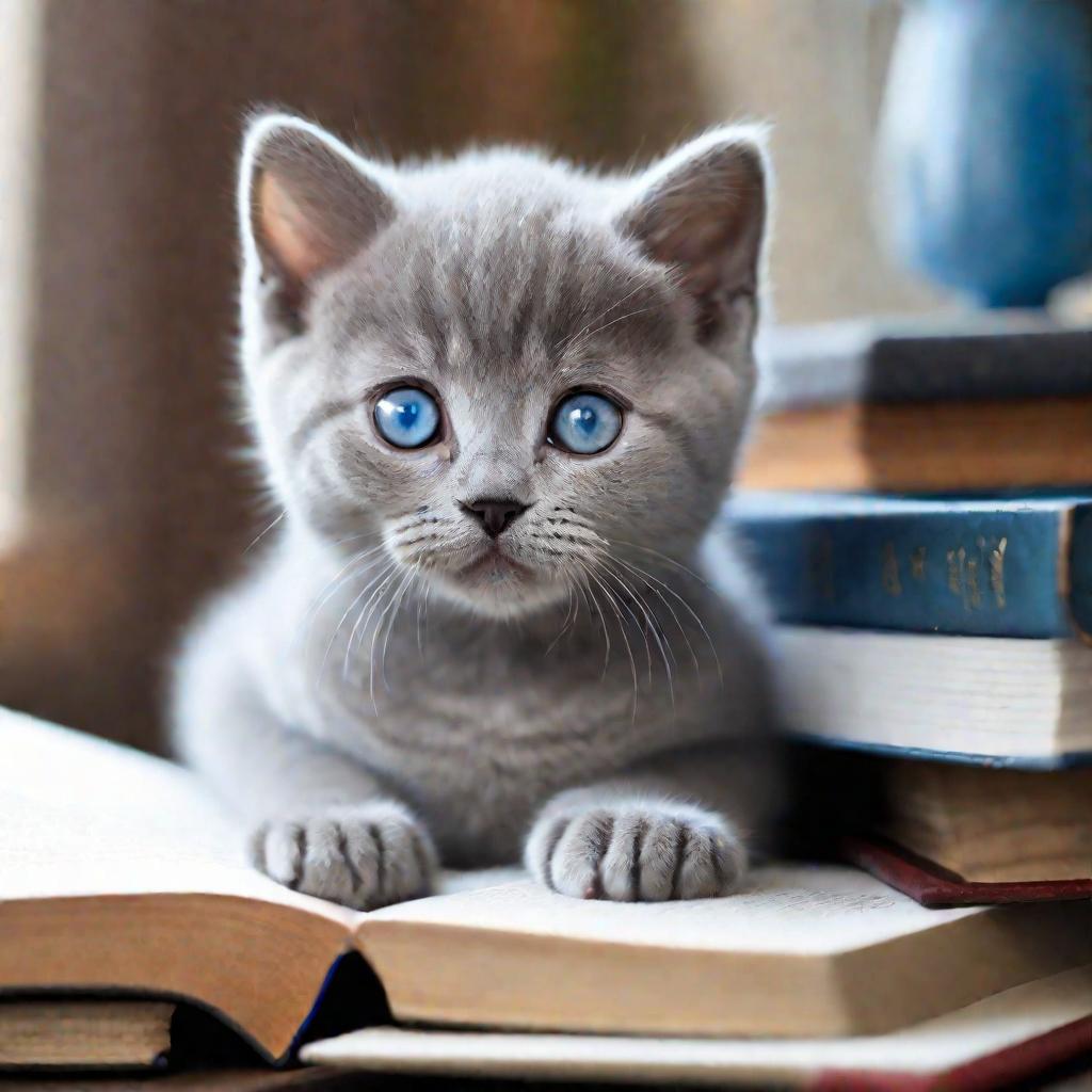 Милая серая британская кошка сидит на стопке открытых книг на столе, с любопытством глядя в камеру голубыми глазами.