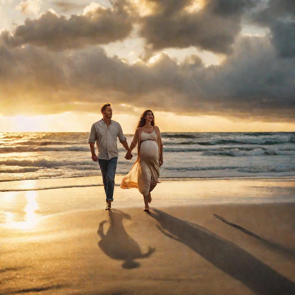 Беременная пара на пляже на закате