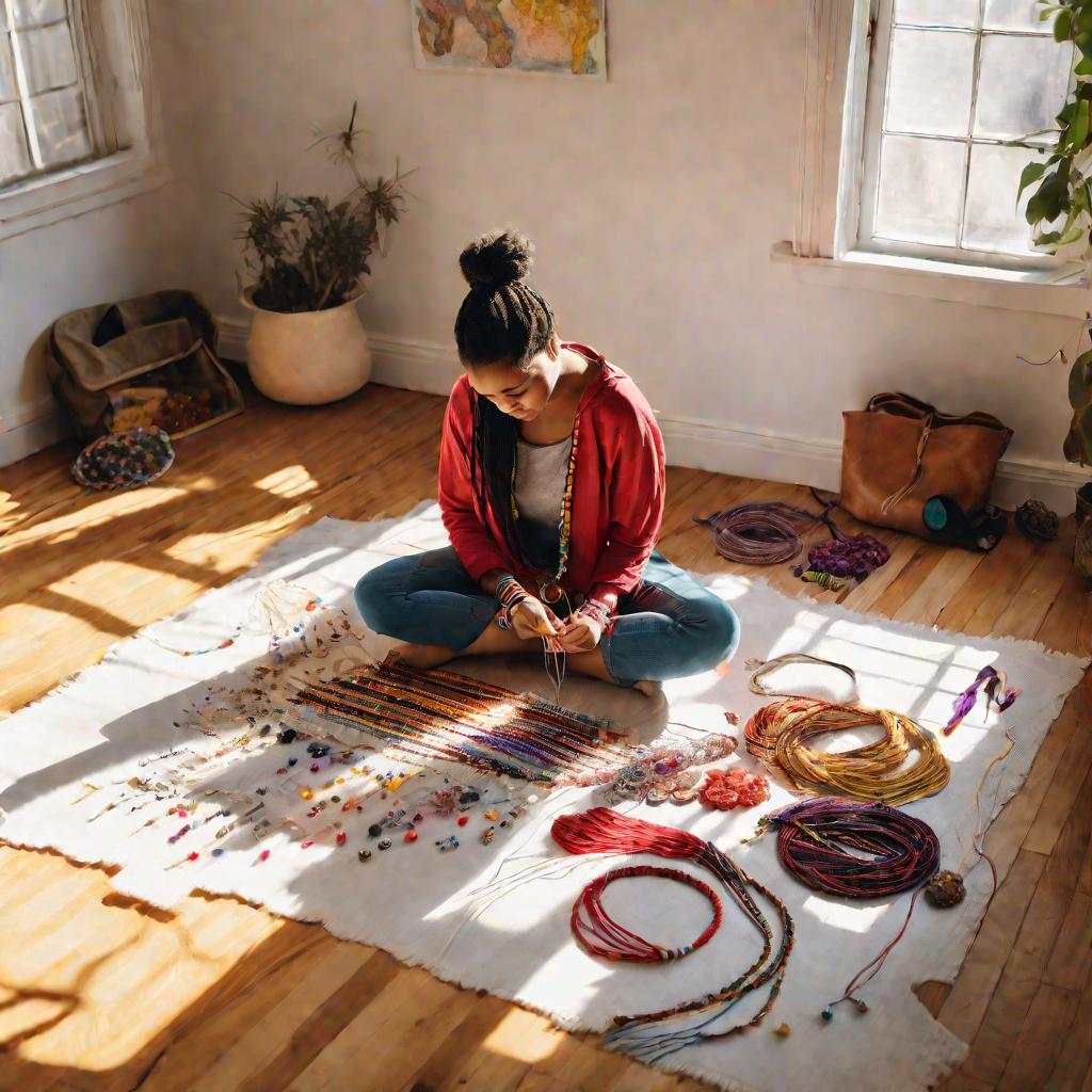 Девушка плетет фенечку на полу у окна