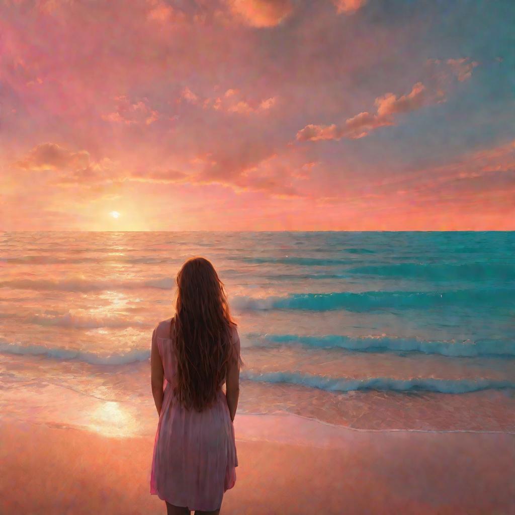 Женщина с длинными волосами смотрит на закат над морем