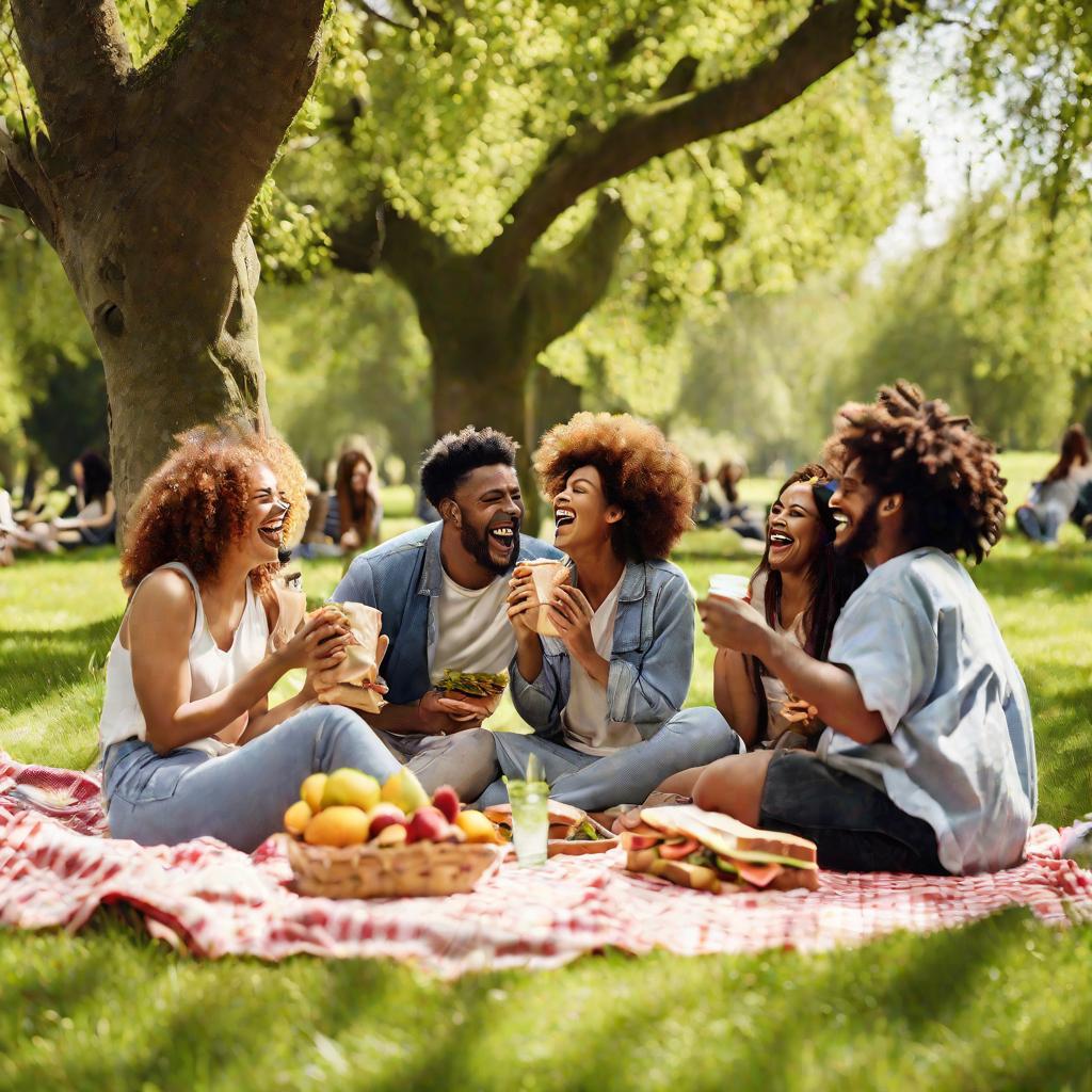 Веселая компания друзей на пикнике в парке весной