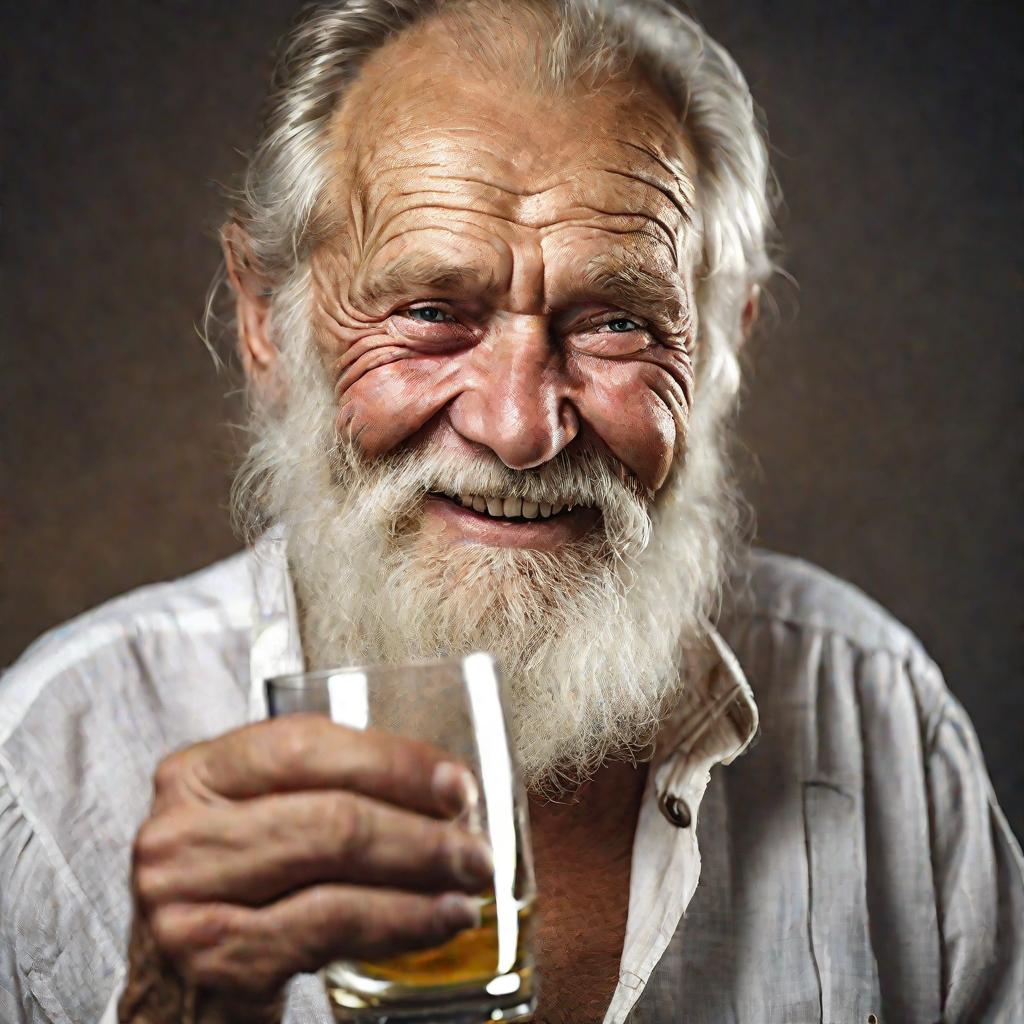 Портрет пожилого русского мужчины с бородой, который держит стакан домашнего кваса и хитро улыбается
