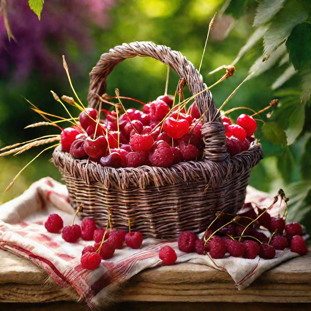 Ягоды клубники и вишни в плетеной корзинке на столе на фоне сада