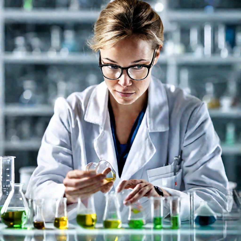 Женщина-ученый в белом халате аккуратно переливает жидкость из колбы в пробирку в светлой лаборатории.