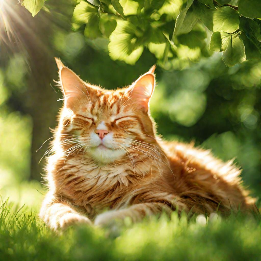 Летний пейзаж с рыжим котом, дремлющим в тени дерева