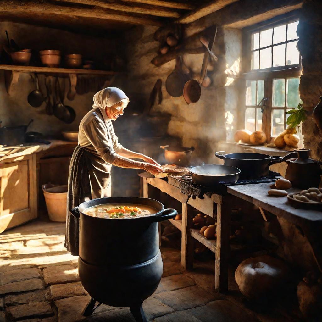 Пожилая женщина в платке готовит грибной суп на плите в сельской кухне