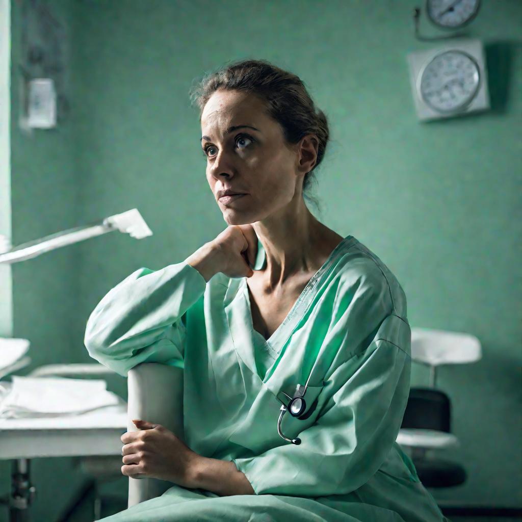 Портрет обеспокоенной пациентки в кабинете гинеколога