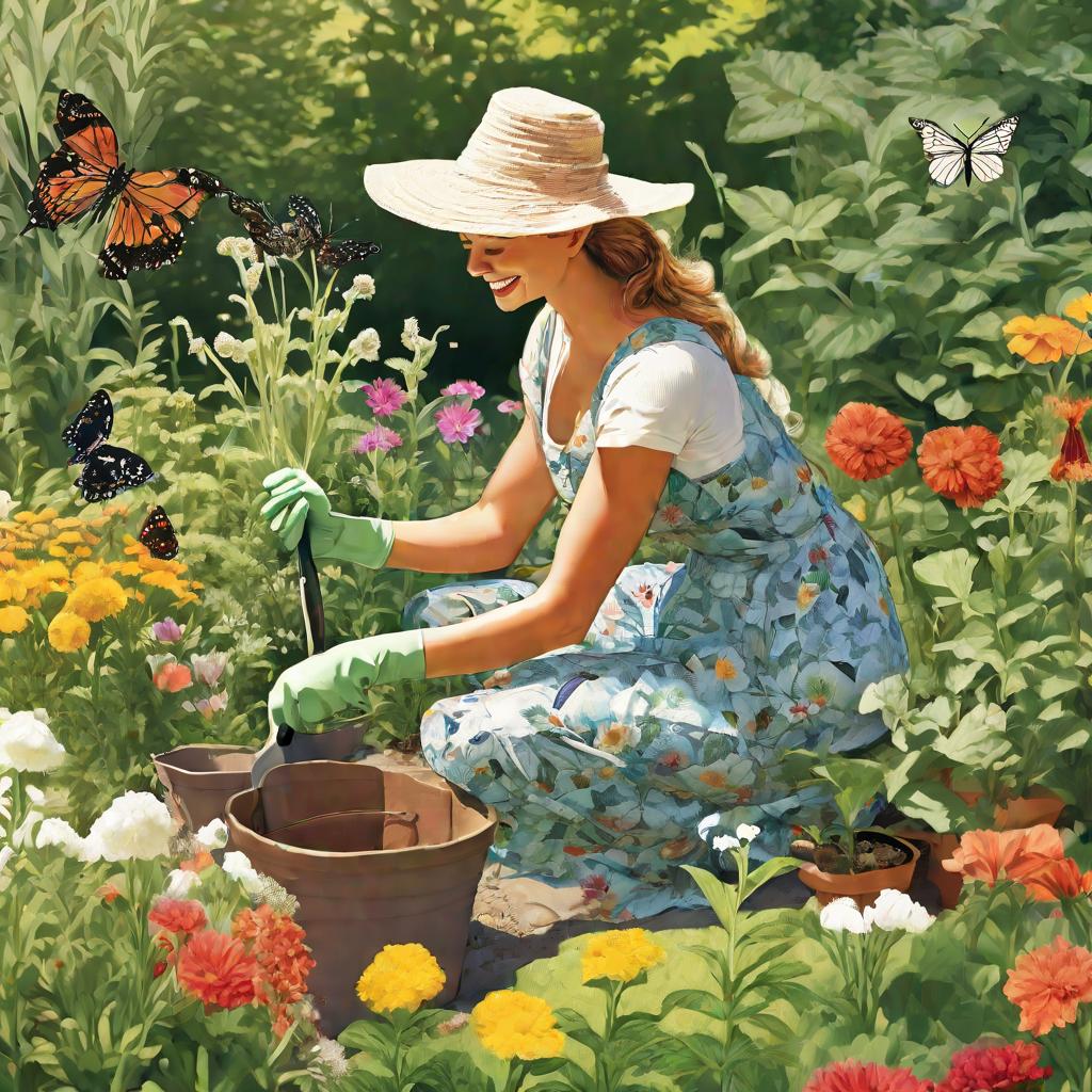 Женщина садится в саду