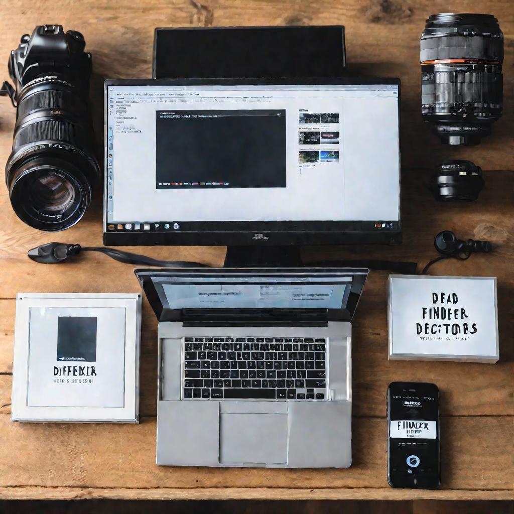 Минималистичная фотография техники со смартфоном, ноутбуком, зеркальным фотоаппаратом и монитором на деревянном столе с дисками программ для поиска битых пикселей