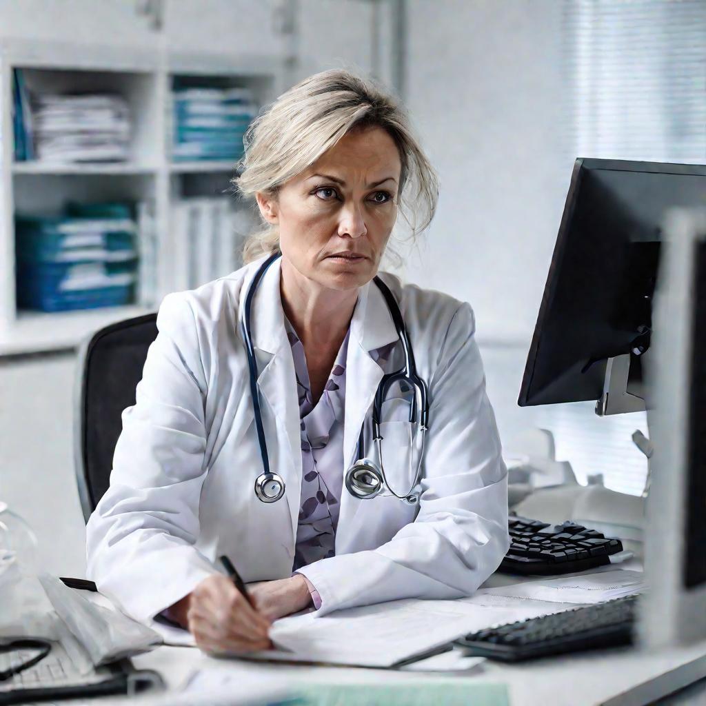 Женщина-врач средних лет в белом халате, сидящая за столом в светлом современном медицинском кабинете. Она смотрит на медицинскую карту на экране компьютера и слегка хмурится. Снято спереди с пояса вверх. Дневной свет.