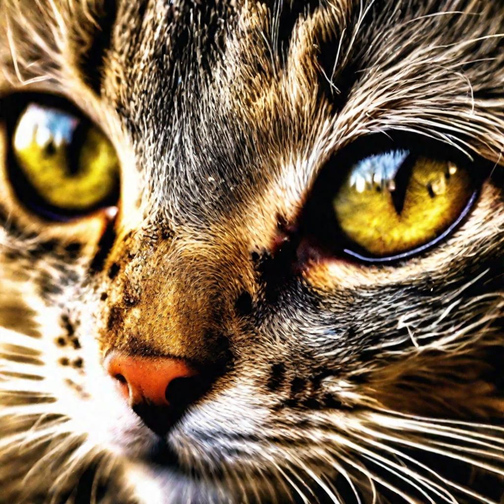 Бездомный больной кот с воспалениями, язвами и струпьями вокруг глаза и уха.