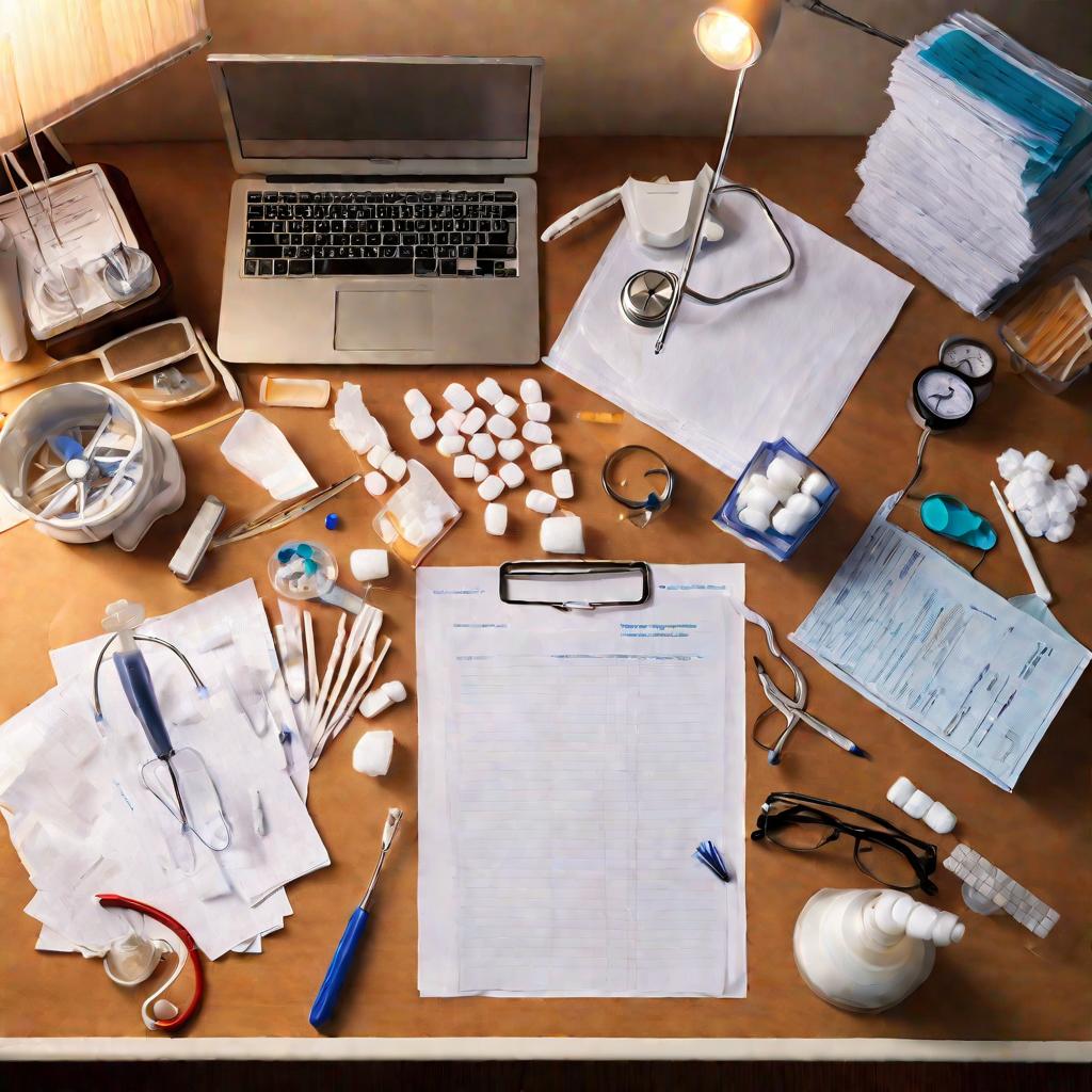 Рабочий стол врача со множеством медицинских инструментов