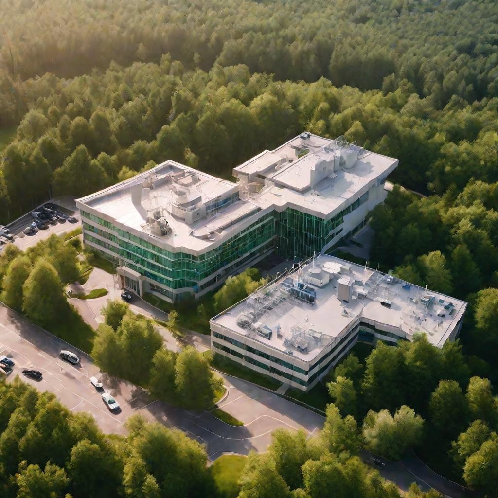Вид сверху на здание современной больницы среди зеленых деревьев в солнечный летний день