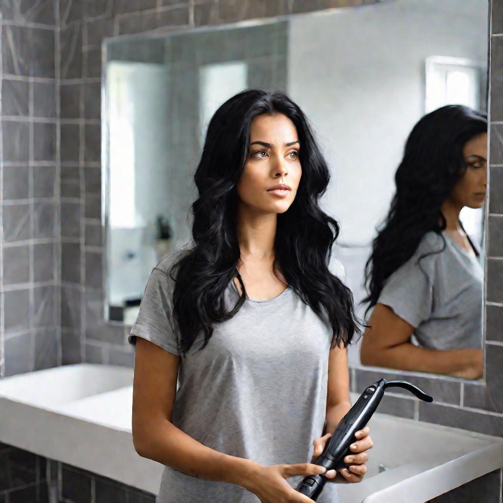 Женщина с длинными черными волосами завивает их утюжком, глядя в большое зеркало в ванной комнате с серыми плитками