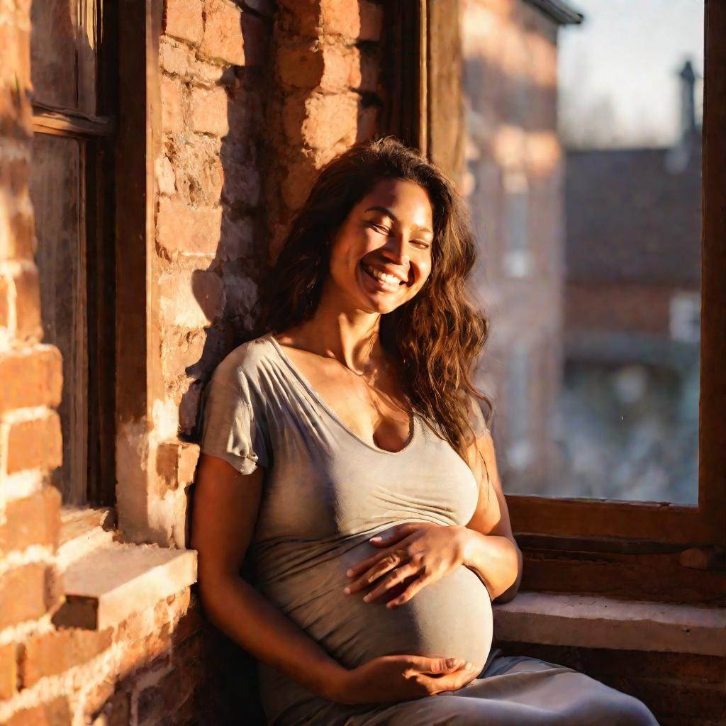 Беременная женщина обнимает живот, сидя на подоконнике, и мечтательно улыбается