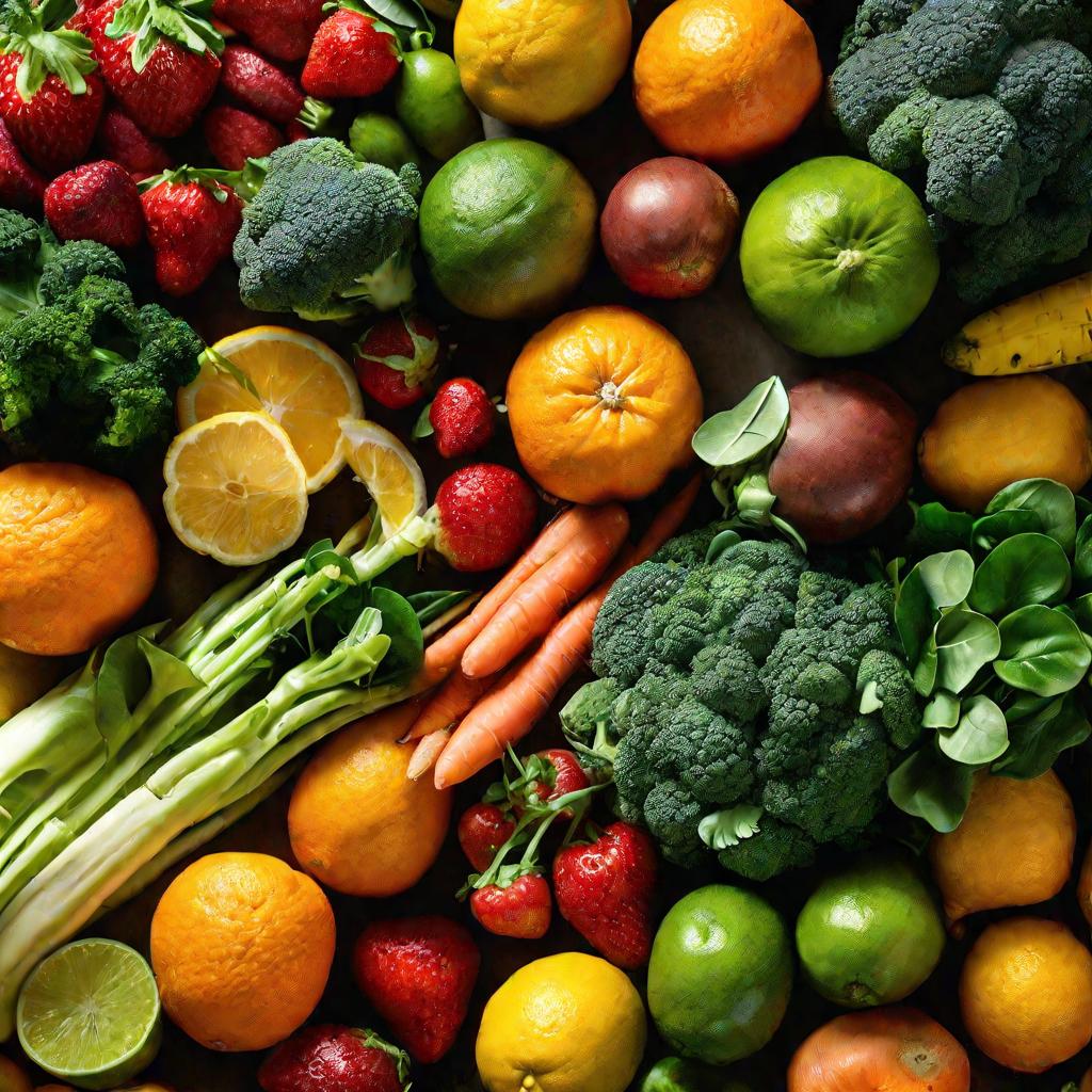 Натюрморт с разнообразными фруктами и овощами