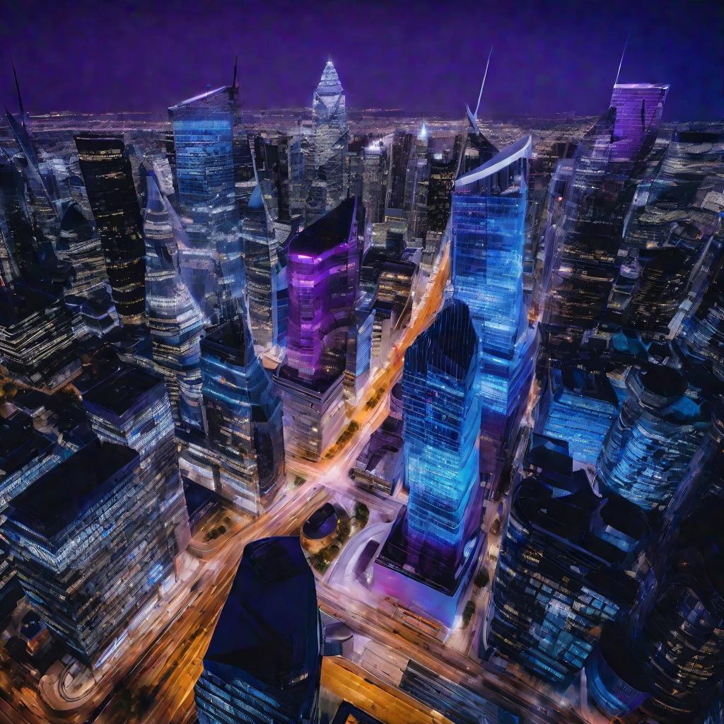 Кинематографический вид сверху на оживленный финансовый район города в синий час. Световые следы проезжающих машин создают яркие полосы на улицах между сверкающими стеклянными башнями, освещенными оттенками синего, фиолетового и золотого.
