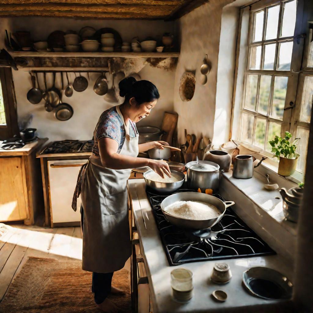 Женщина готовит рисовую кашу на плите на кухне освещенной утренним солнцем