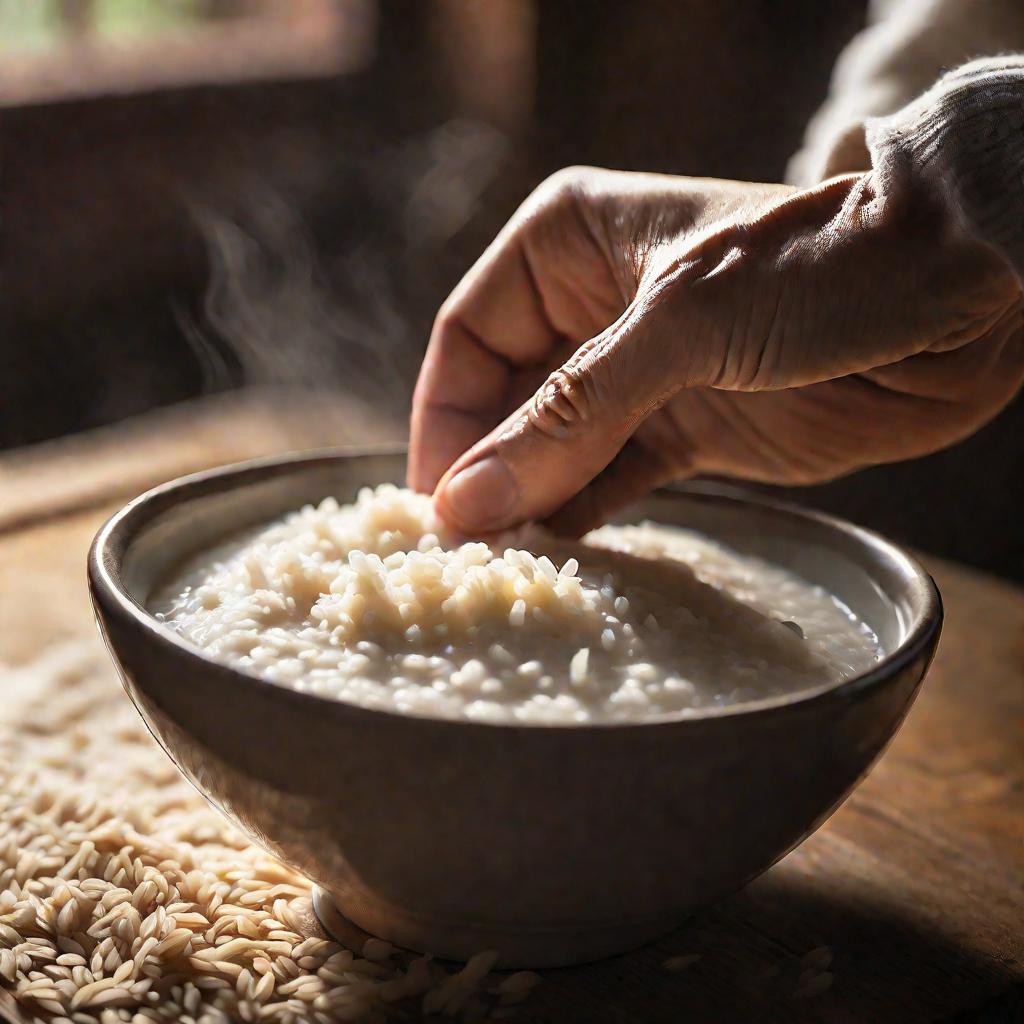 Миска с горячей молочной рисовой кашей на деревянном столе