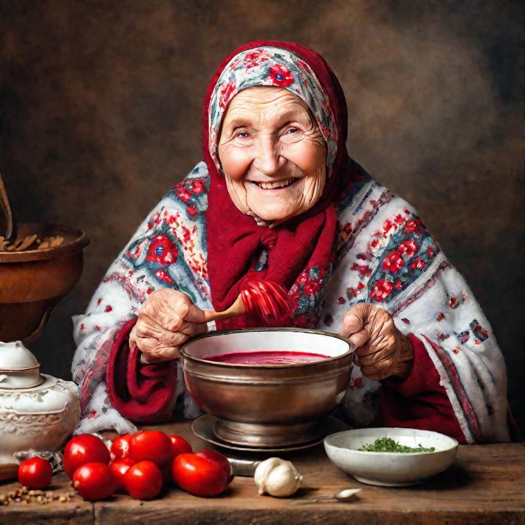 Бабушка в платке держит тарелку с борщом и улыбается