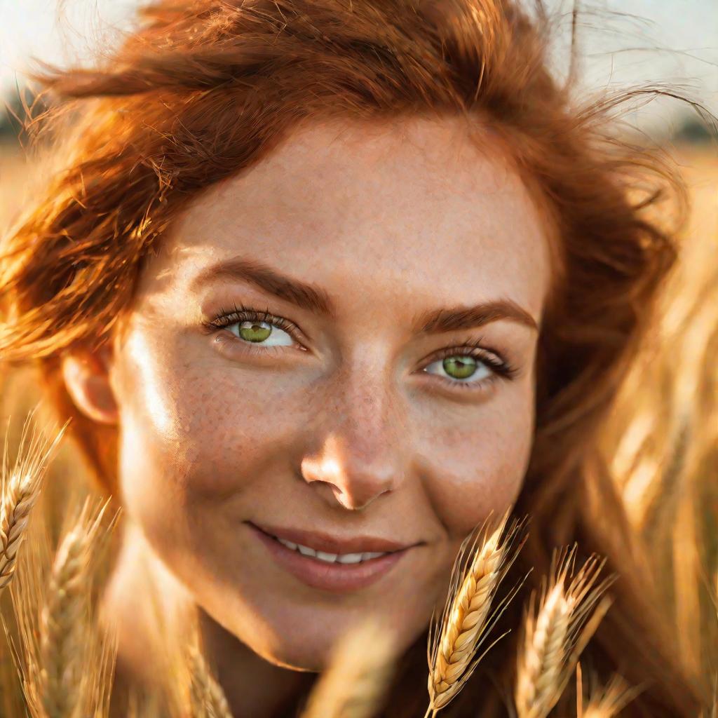 Рыжеволосая девушка в поле пшеницы