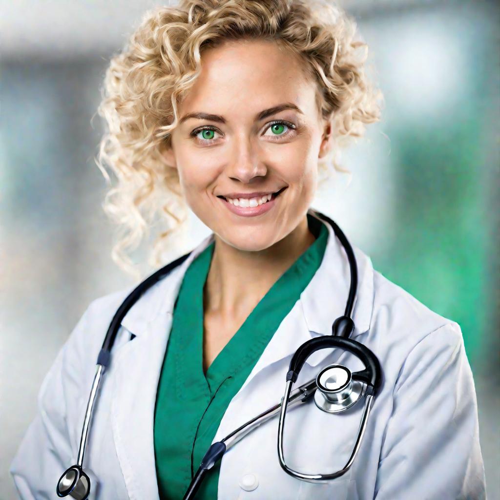 Портрет женщины-врача в белом халате смотрит в камеру с дружелюбной улыбкой