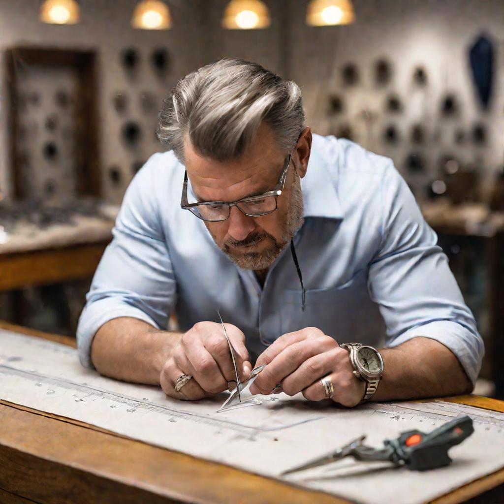 Мужчина тщательно измеряет диаметр кольца при помощи штангенциркуля в освещенном ювелирном магазине