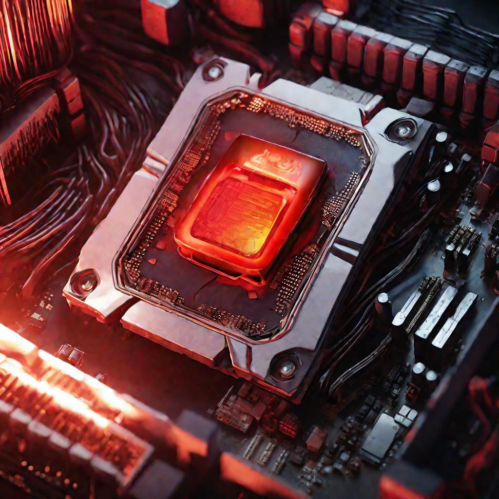 Крупным планом красно-раскаленный процессор внутри системного блока компьютера, перегрев и термальное троттлинг